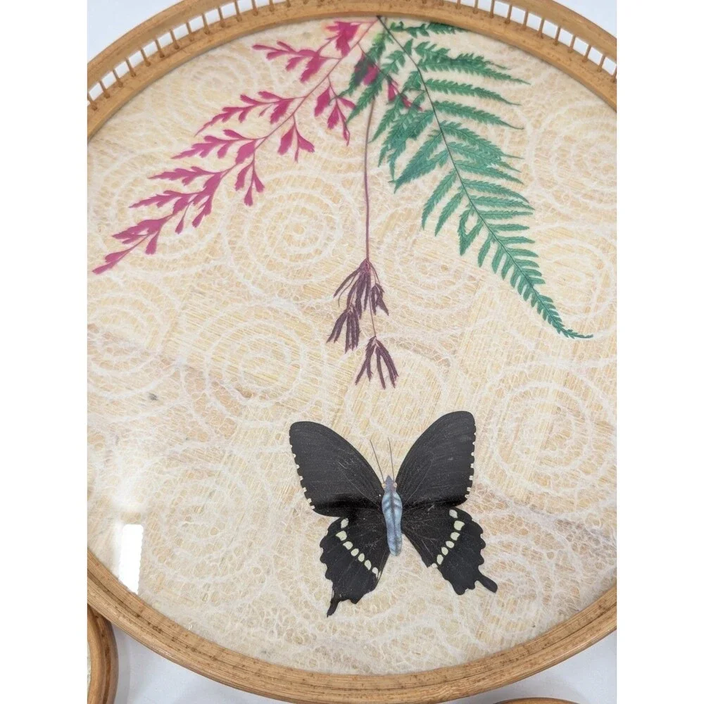 Himark Bamboo Tray Coaster Set Acrylic Pressed Butterfly Flowers 7 Pc Vintage
